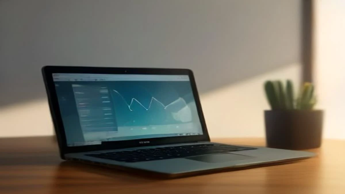 A laptop on a wooden desk showing an abstract rising line chart under hard directional light with deep shadows, seen over the shoulder
